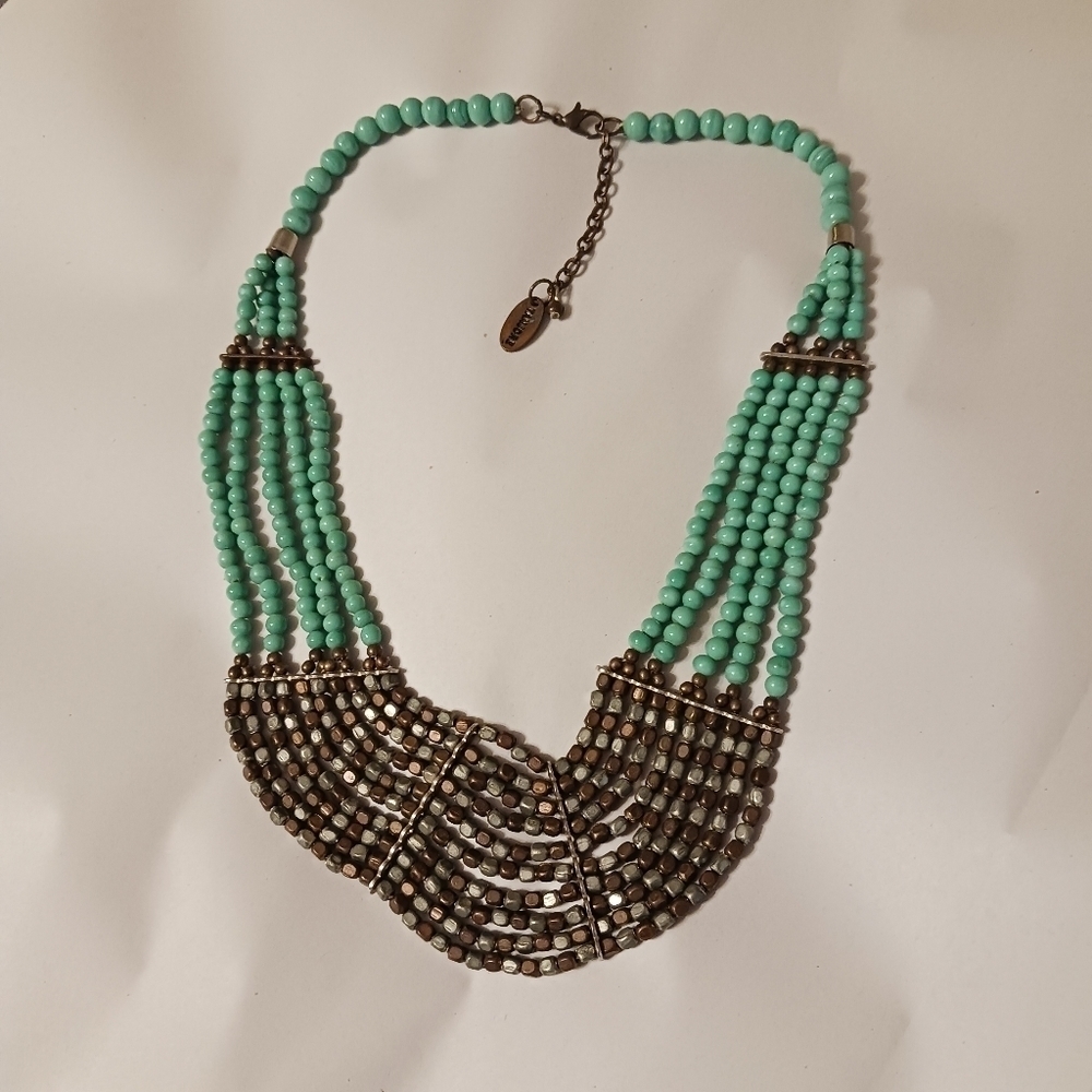 Tanjore India Beaded Bib Style Necklace Stunning Turquoise GREEN & Metal Beading